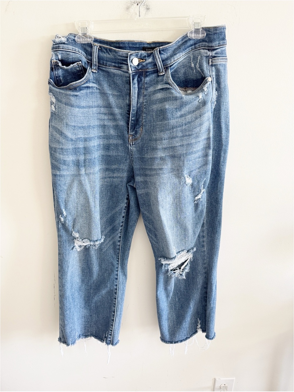 Judy blue wide leg ankle distressed medium wash high rise jeans size 14W